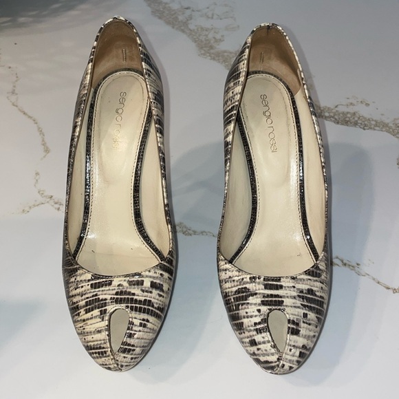 Sergio Rossi Brown Animal Print Leather Peep Toe Platform Heel Stilettos EU 38.5 - Picture 1 of 9